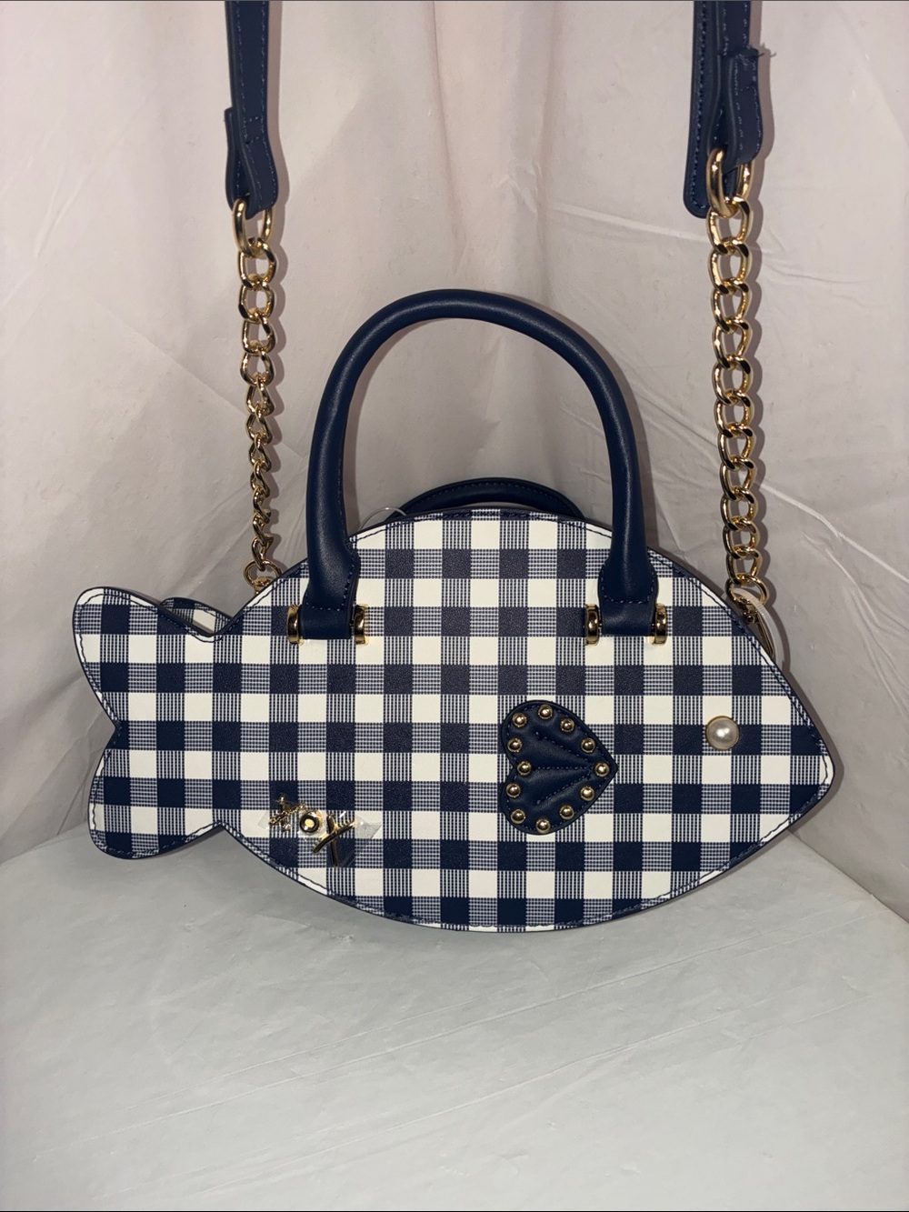 Betsey Johnson Navy Gingham Fish-Shaped Satchel Handbag w/ anchor charm